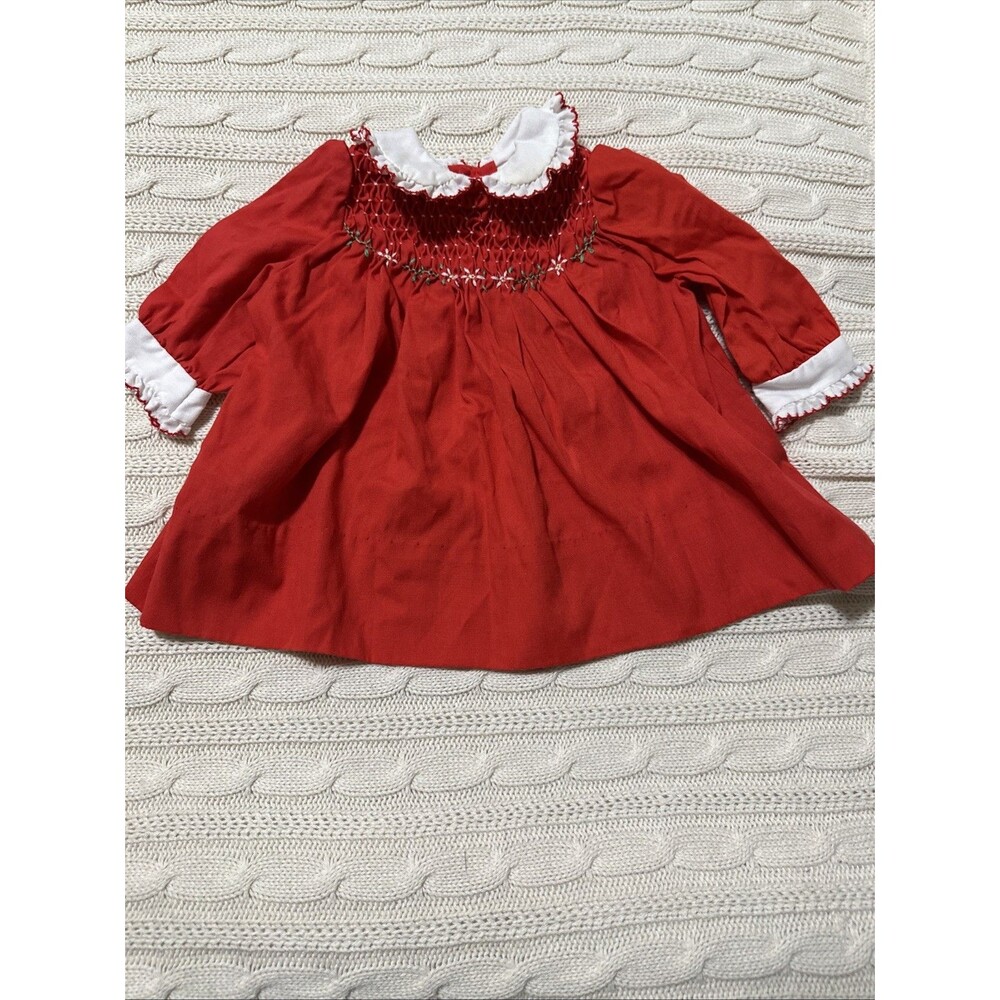 Polly Flinders 9 Months Vintage Baby Red Smocked Dress Ruching